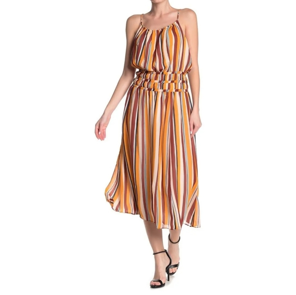 Frame Denim Vertical Stripe Spaghetti‑Strap Midi Dress in Mustard, Rust, White